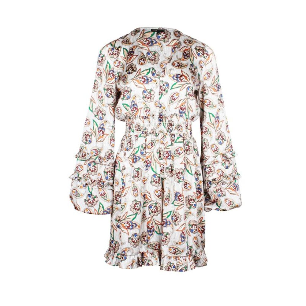 Maje Paisley Print Balloon Sleeve Mini Dress in White Polyester